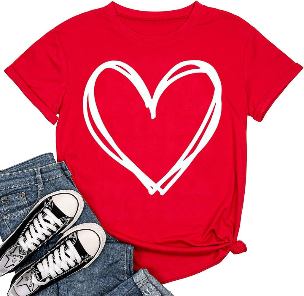 Beopjesk Womens Valentine's Day Graphic Tees Short Sleeve Heart Printed Shirts Blouse Tops | Amazon (US)