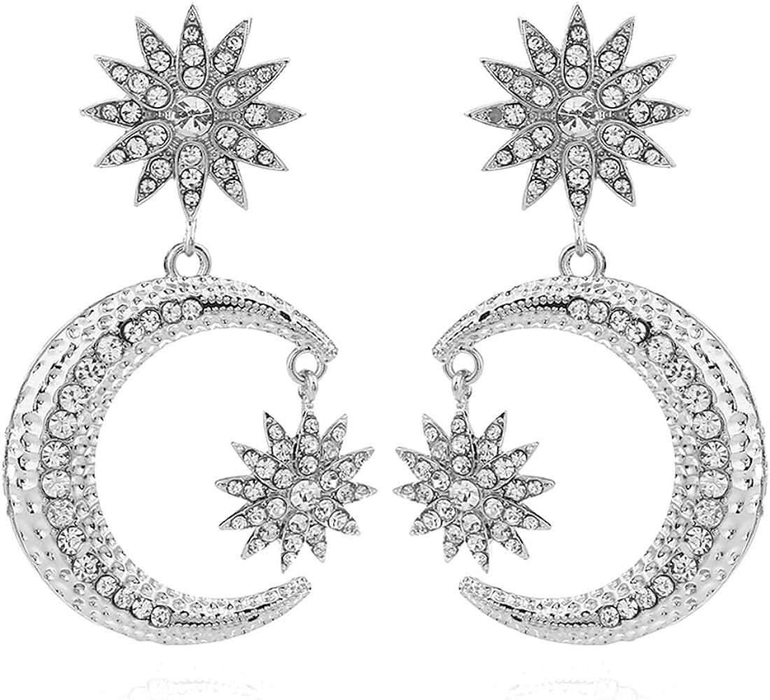 Exaggerated Luxury Sun Moon Stars Drop Earrings Rhinestone Punk Earrings for Women Jewelry Golden... | Amazon (US)