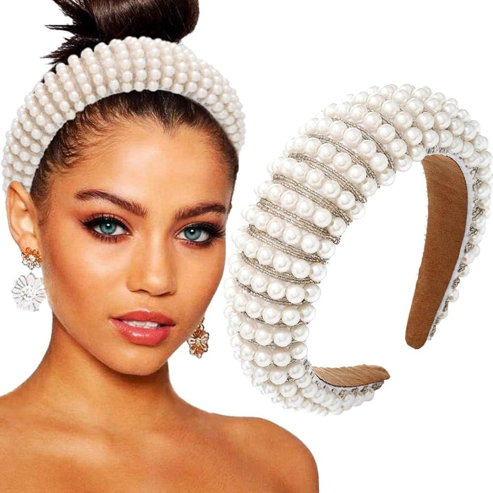 White Pearl Headbands Glitter Rhinestone Hairbands Padded Wide Head Bands Wedding Headpieces for ... | Amazon (US)