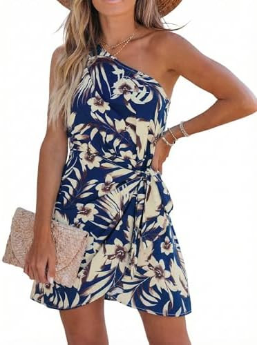 CUPSHE Women's One Shoulder Leaf Print Self-tie Short Dress Sleeveless Tiered Hem Formal Dress Ca... | Amazon (US)
