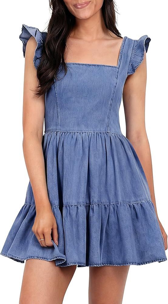 Women's Square Neck Ruffle Denim Dress, Sleeveless A-Line Cute Jean Mini Dress with Pockets for S... | Amazon (US)