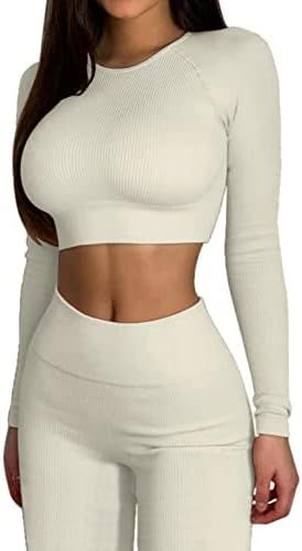 QINSEN Seamless Workout Outfits for Women 2 Piece Ribbed Long Sleeve Crop Top Tummy Control Leggi... | Amazon (US)