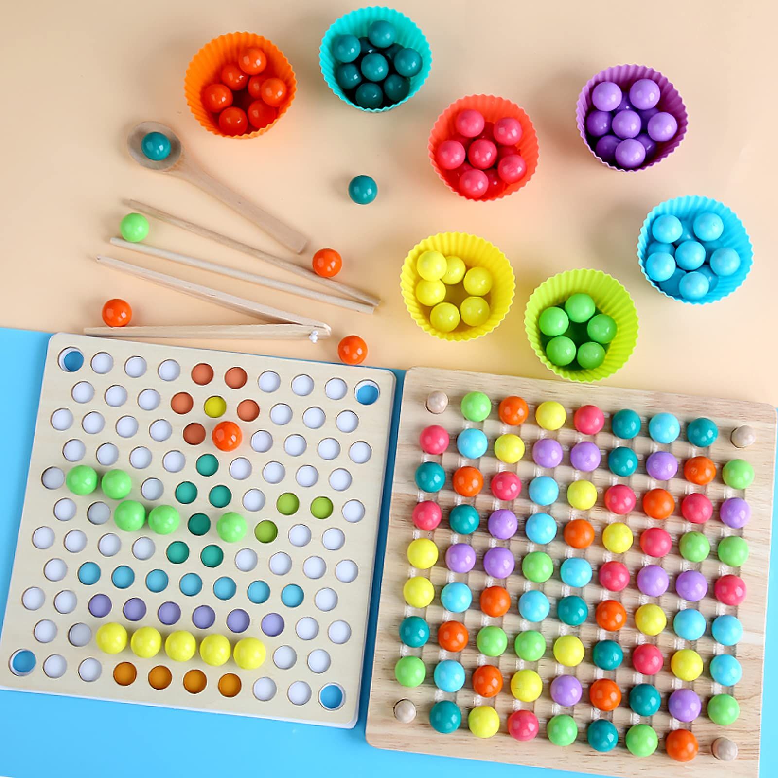 4 in 1 Wooden Board Bead Game,Montessori Rainbow Puzzle Sorting Stacking Toy, Kids Learning Math Gam | Amazon (US)