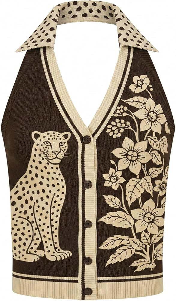 OXKnit Knit Vest Tops for Women, Retro Leopard Pattern Brown Beige Sleeveless Button Down Cotton ... | Amazon (US)