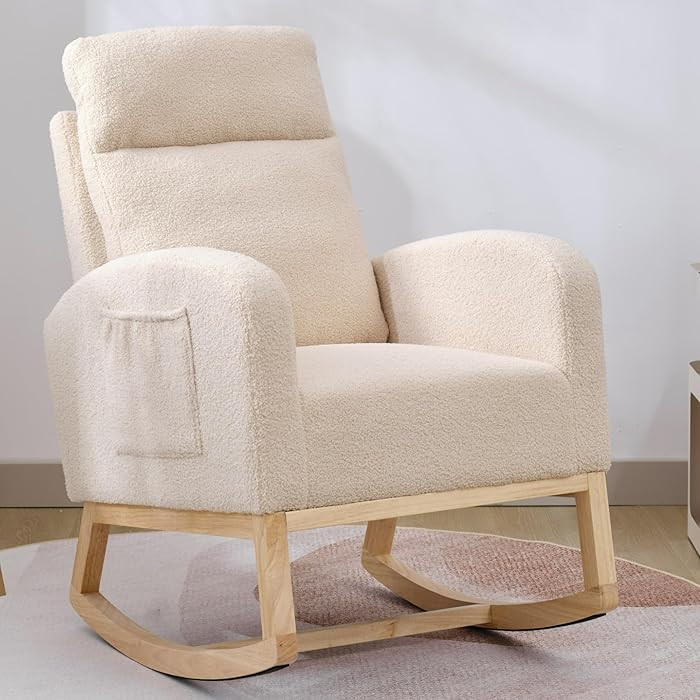 Nursery Rocking Chair with Solid Wood Legs, Glider Chair for Nursery with Side Pocket, Rocker Arm... | Amazon (US)