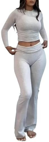 AYWA Women's 2 Piece Outfits Foldover Flare Pants Long Sleeve Crew Neck T-shirt Fitted Pajama Set... | Amazon (US)