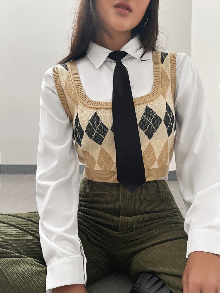 SHEIN EZwear Argyle Pattern Sweater Vest Without Blouse | SHEIN