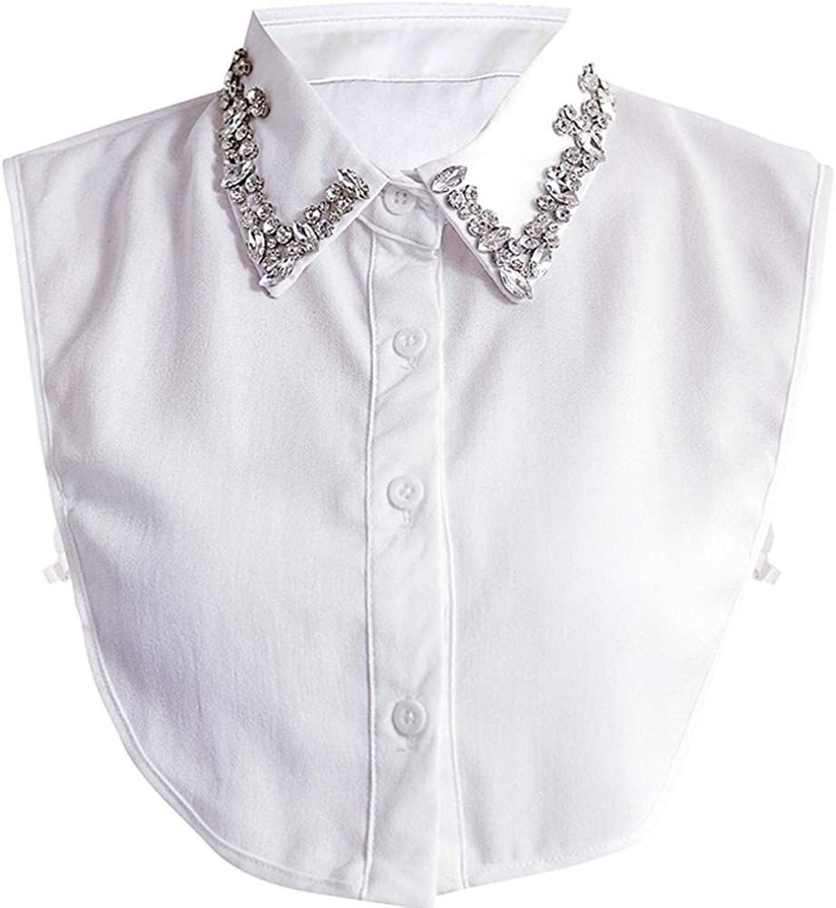 Booluee Stylish Detachable Rhinestone Fake Collar Half Shirt Blouse Chiffon False Collar White | Amazon (US)