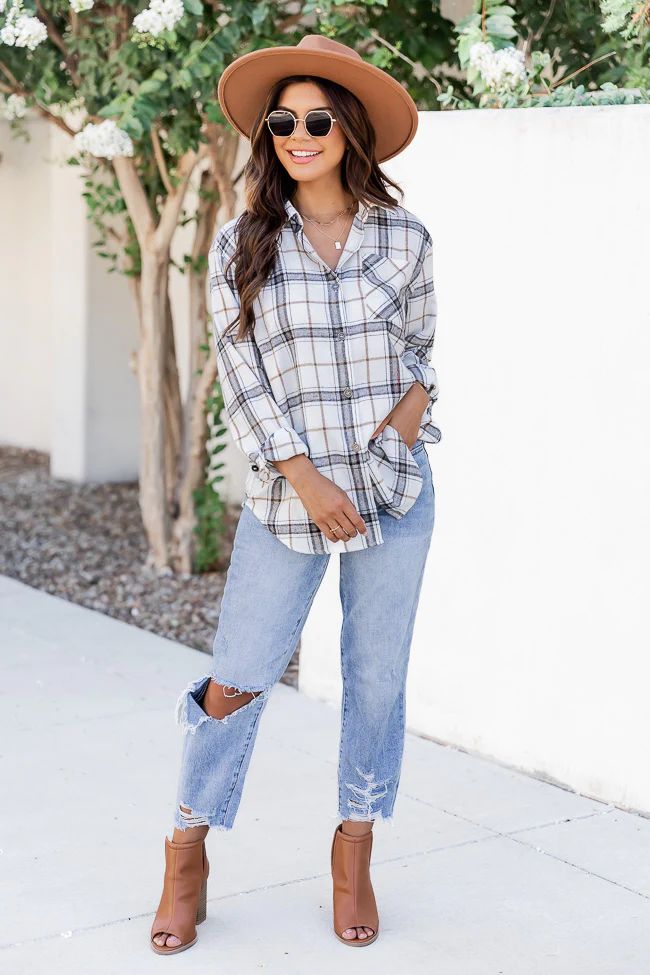 Steps Away Ivory Plaid Button Up Blouse | Pink Lily