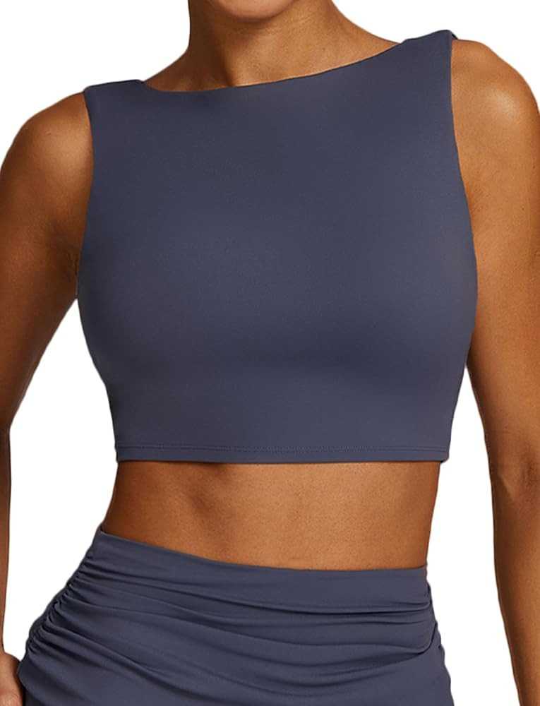 FEOYA Women Elegant Boat Neck Workout Bra Tank Top Open Back Push Up Sports Bra Built-in Shelf Br... | Amazon (US)