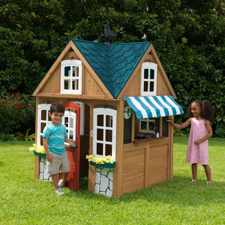 KidKraft Seaside Cottage Outdoor Wooden Playhouse with Ringing Doorbell, Bench & Kitchen - Walmar... | Walmart (US)