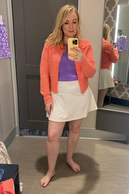 I didn’t want to like this cardigan as much as I do. Sized down to a small. Medium in the top and large in the skort. Skort is best suited for cool seasons. Tops are spring. 

Golf | pickleball 