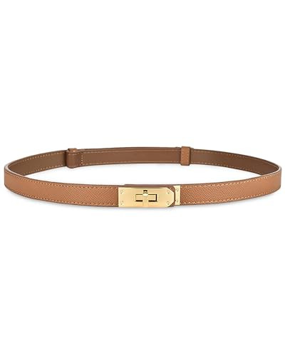 Women's Skinny Leather Belt with Adjustable Golden Turn-Lock Buckle - Ideal for Dresses, Jeans, and Coats, Caramel | Amazon (US)