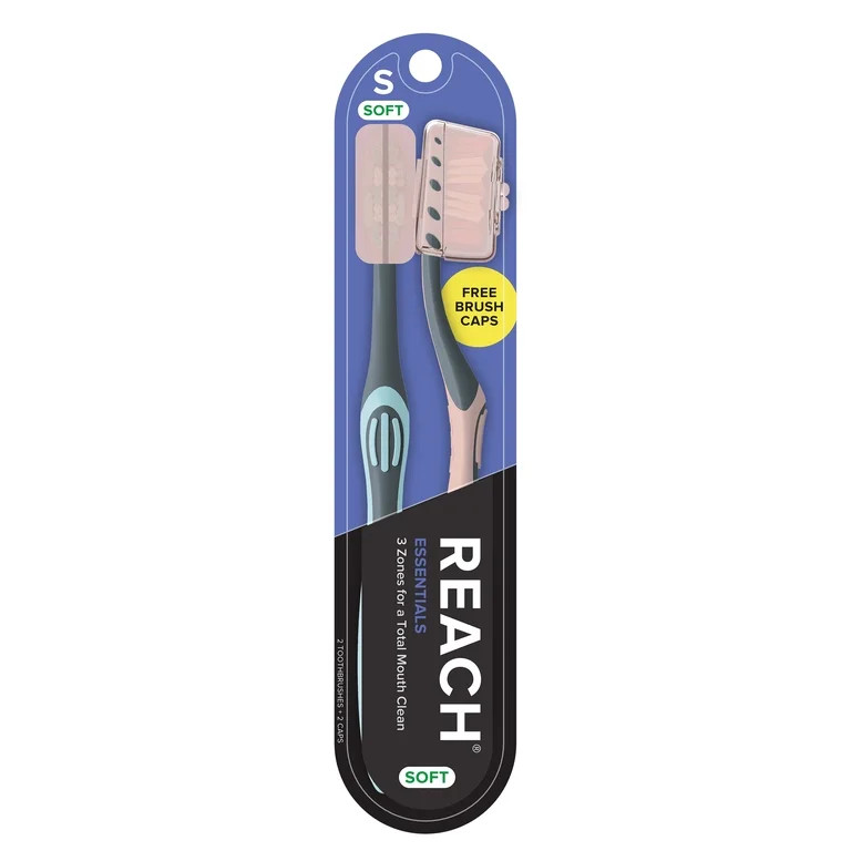 Reach Essentials Manual Toothbrush with Cap, Soft, 2 Count | Walmart (US)