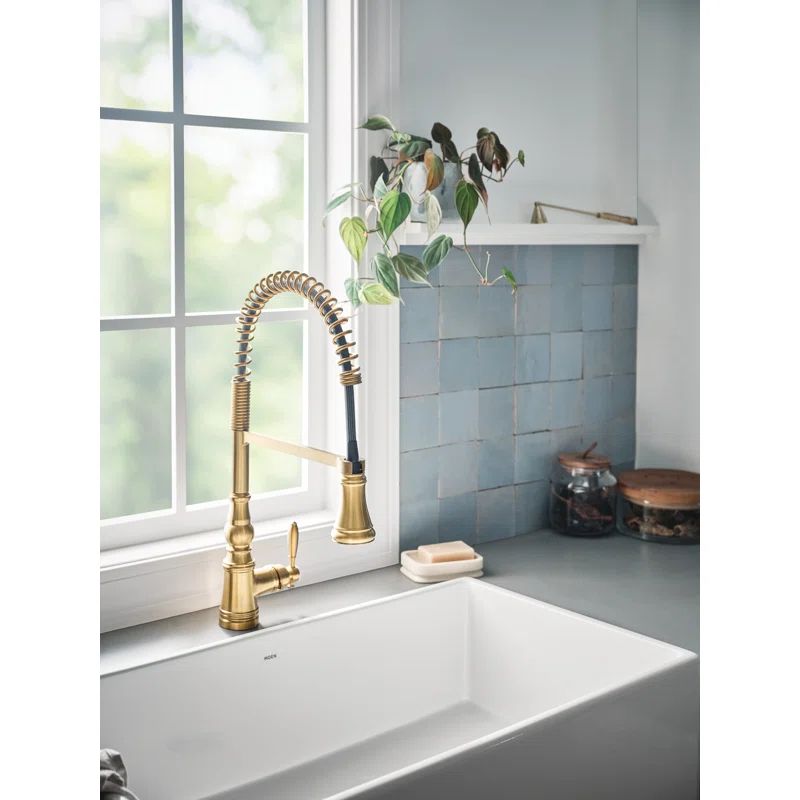S73104BG Moen Weymouth Pre-Rinse Spring Pull-Down Single Handle Kitchen Faucet | Wayfair Professional