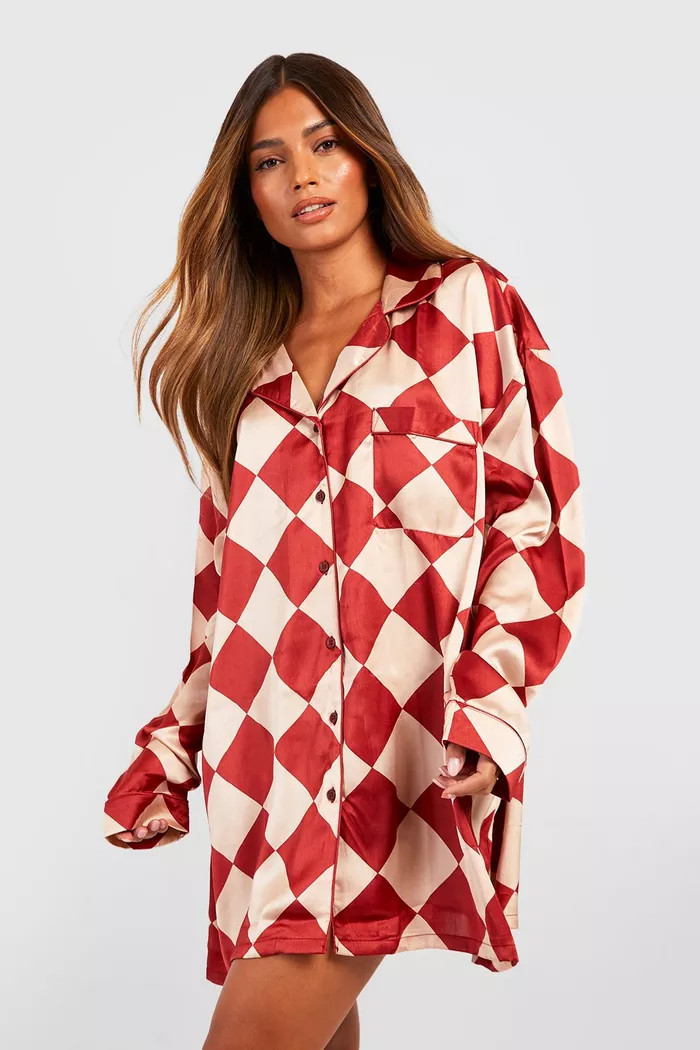 Oversized Checkerboard Print Night Shirt | boohoo (US & Canada)