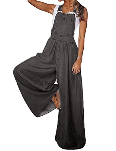 Mywinway Jean Overalls for Women Adjustable Strap Loose Fit Bib Overalls Baggy Wide Leg Denim Jumpsuits (Grey, L) | Amazon (US)