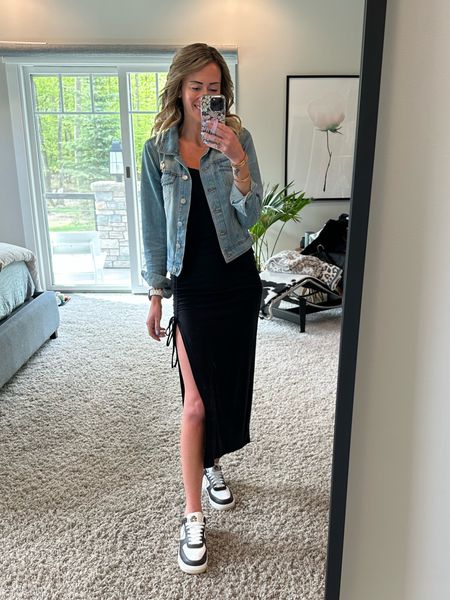 Black midi dress and denim jacket outfits for chilly summer mornings
Nike Air Force 1s outfit ideas 
Mom style and girly vibes in my pink lily boutique denim jacket 