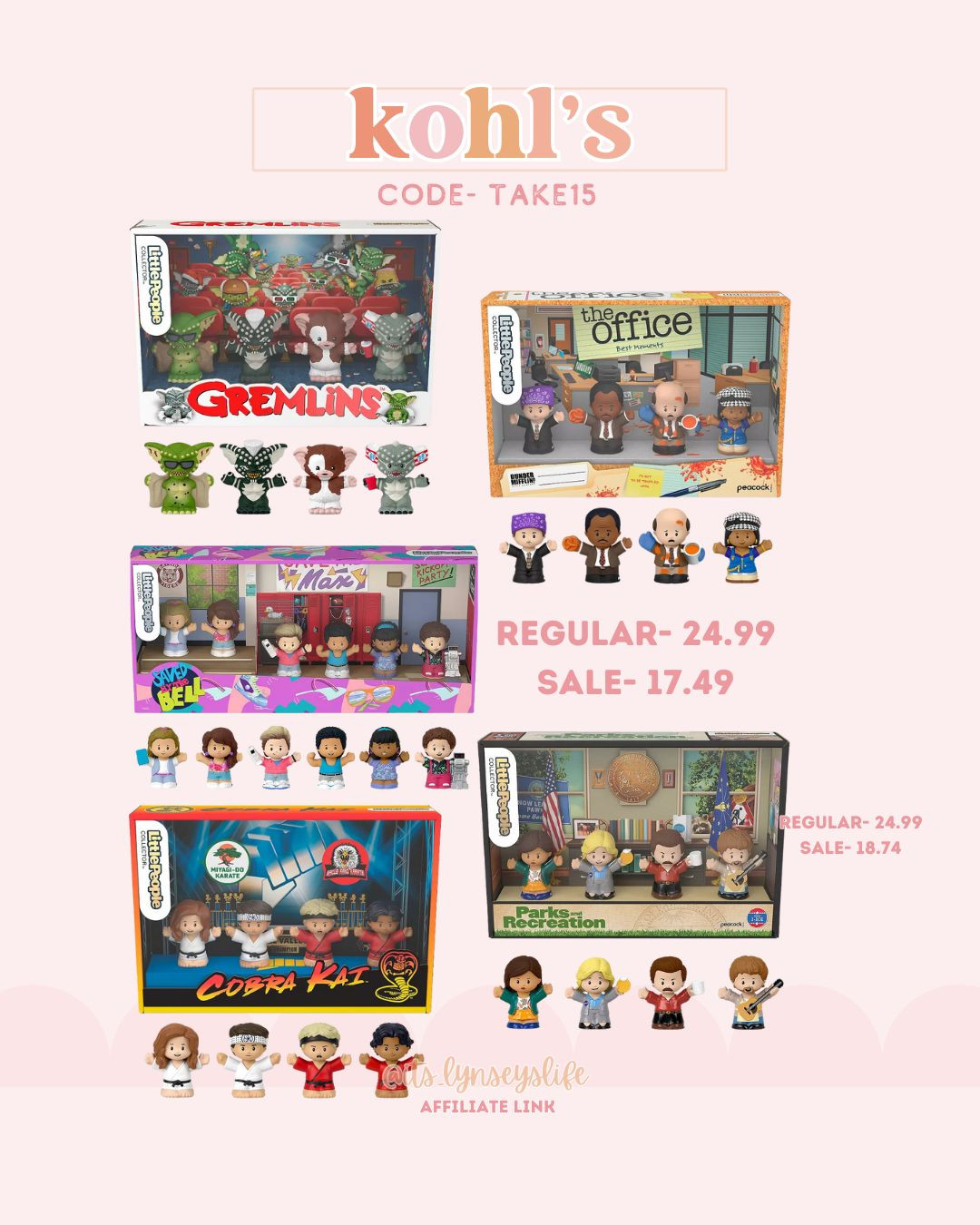  Little People Sale! 

 Kohl’s Sale- CODE: TAKE15 

Gremlins Little People | The Office Little People | Saved By The Bell Little People | Cobra Kai Little People | Parks & Rec Little People 

#LTKKids #LTKGiftGuide #LTKSaleAlert