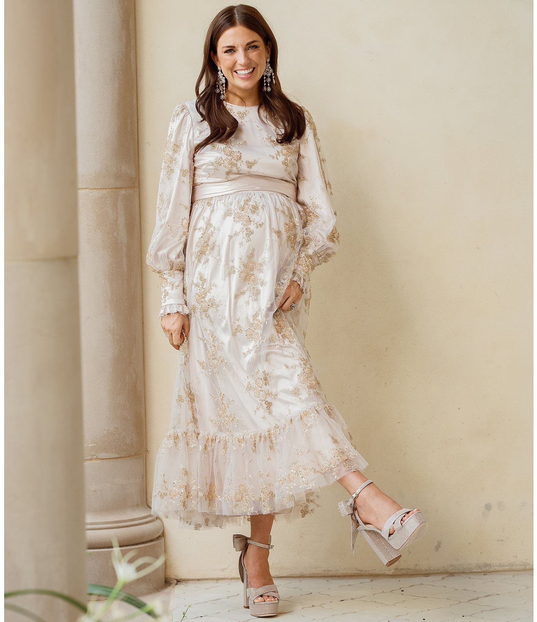 x Nicola Bathie Honor Grace Crew Neck Long Lace Cuffed Sleeve Sequined and Beaded Embroidered Rib... | Dillard's