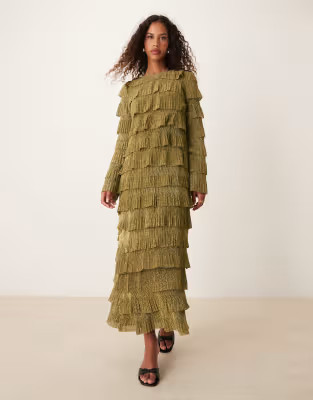 Ghospell fringe midaxi dress in olive | ASOS (Global)