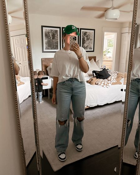 Todays ootd🤍 Abercrombie curve love jeans, free people movement tee, panda dunks! Baseball cap off Amazon and can’t get enough of this color! 

Abercrombie, Nike dunks, low dunks, black and white dunks, gold jewelry 

#LTKFind #LTKunder100