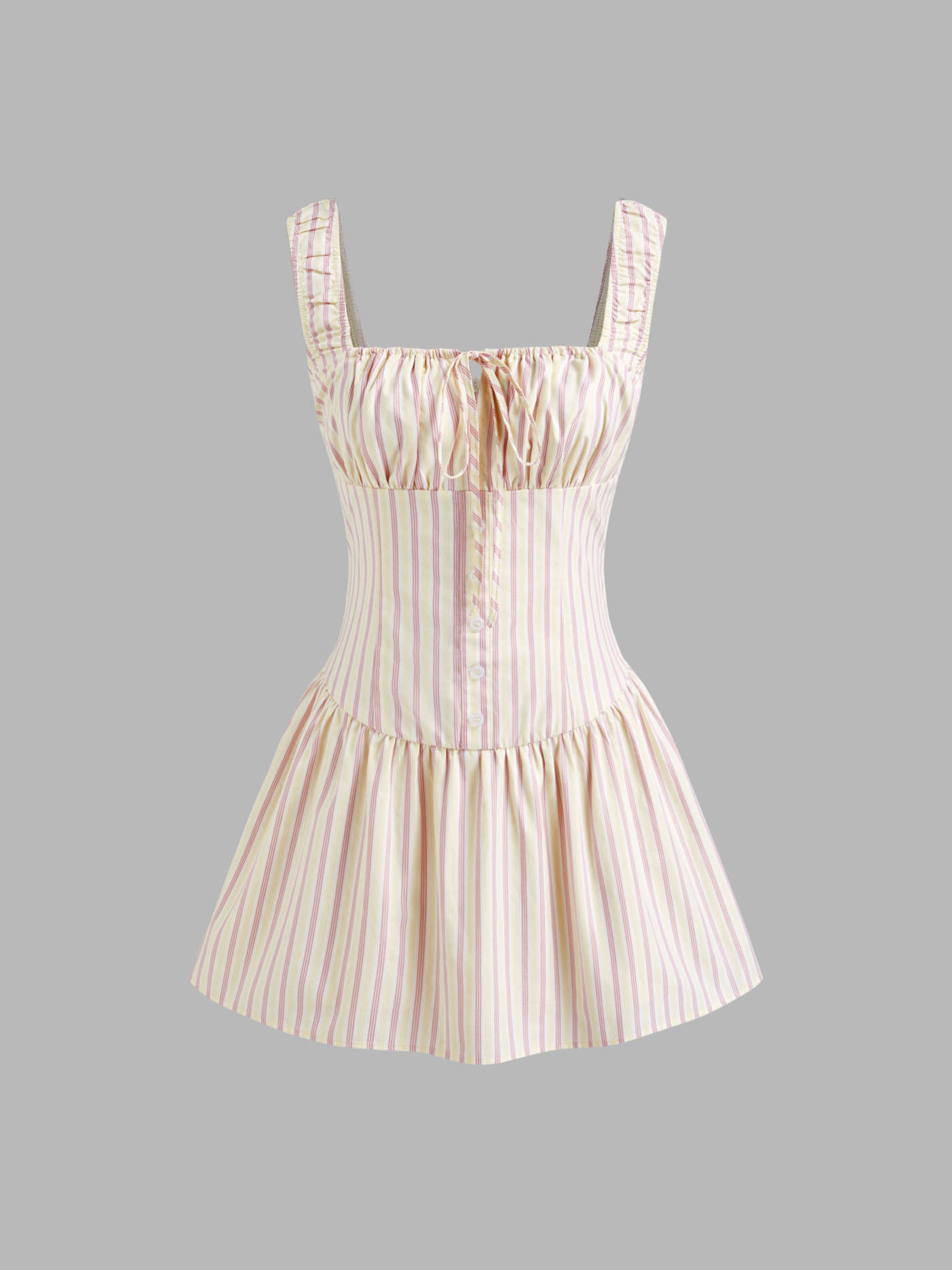 Woven Cotton-blend Stripe Ruched Shirred Knotted Cami Mini Dress For Daily Casual | Cider