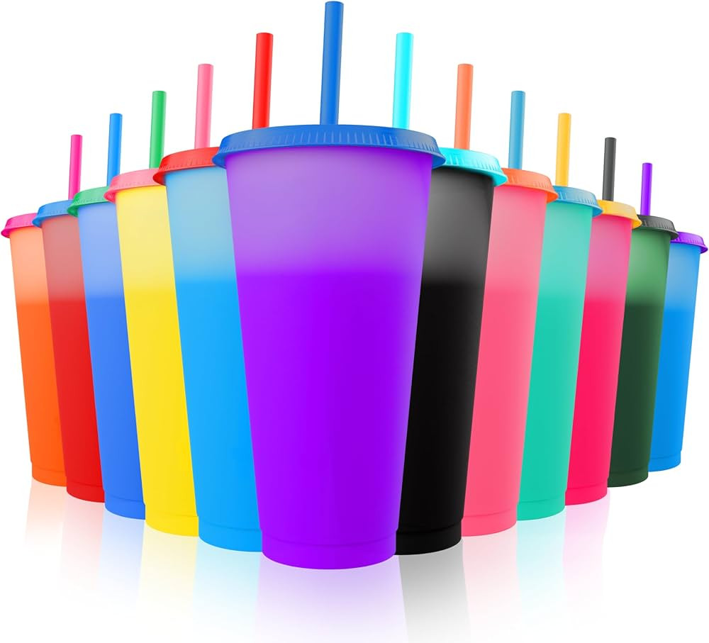 Color Changing Cups with Lids and Straws 12pcs, 24Oz - Reusable Cups with Lids in 12 Multicolors ... | Amazon (US)