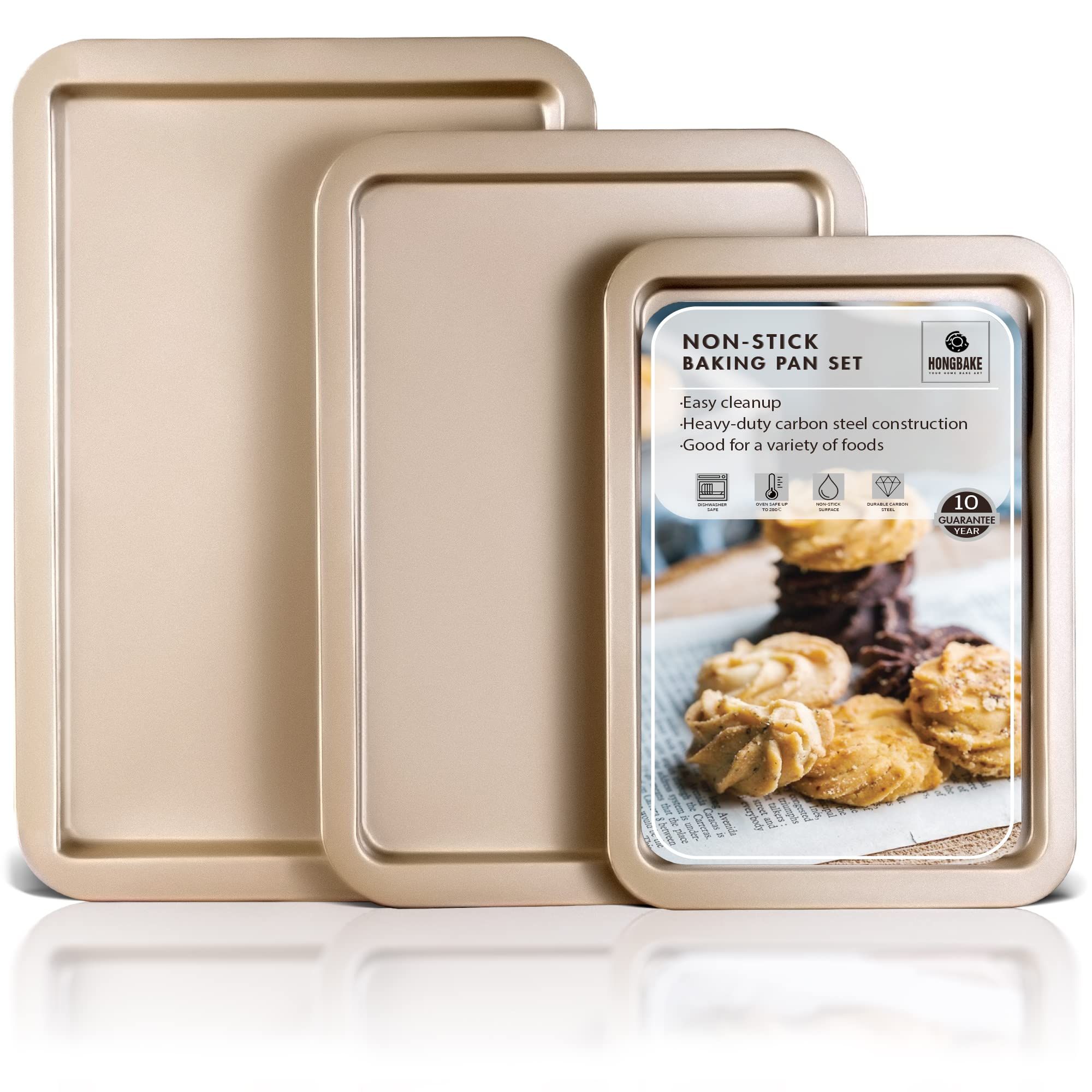 HONGBAKE Cookie Sheets, Baking Sheet Set, Nonstick Oven Pan with Wider Grips, 3 Pack Half/Jelly R... | Amazon (US)
