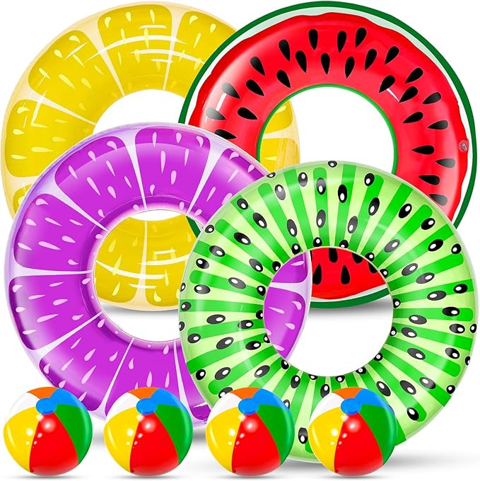 8 Pack Inflatable Pool Floats Kids, 4 Pcs Fruit Swim Tubes Rings and 4 Pcs Beach Balls, Pool Floa... | Amazon (US)