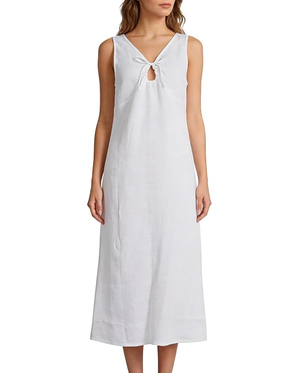 Amazhiyu Womens 100% Linen Summer V Neck Midi Dress | Sleeveless Dresses, Tie Front, Relaxed Fit,... | Amazon (US)