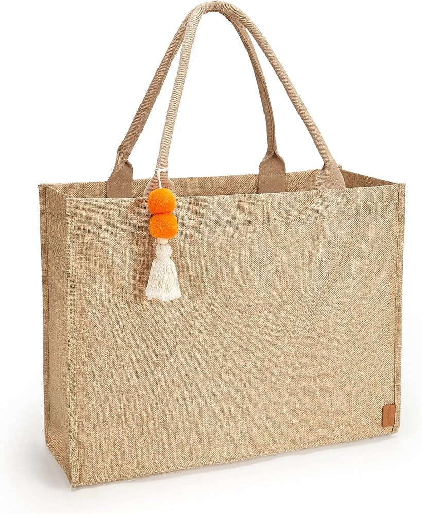 Large Jute Straw Beach Bag with Tassel, Waterproof Sandproof Burlap Tote Bag - Perfect for Beach, Sh | Amazon (US)