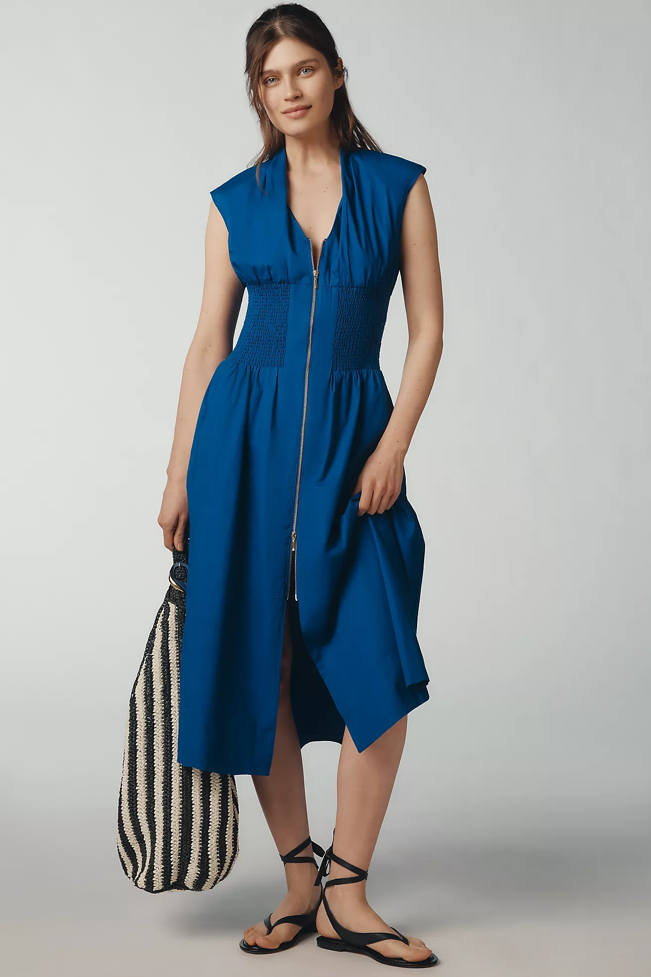 The Tommie Cap-Sleeve Smocked Front-Zip Shirt Dress | Anthropologie (US)