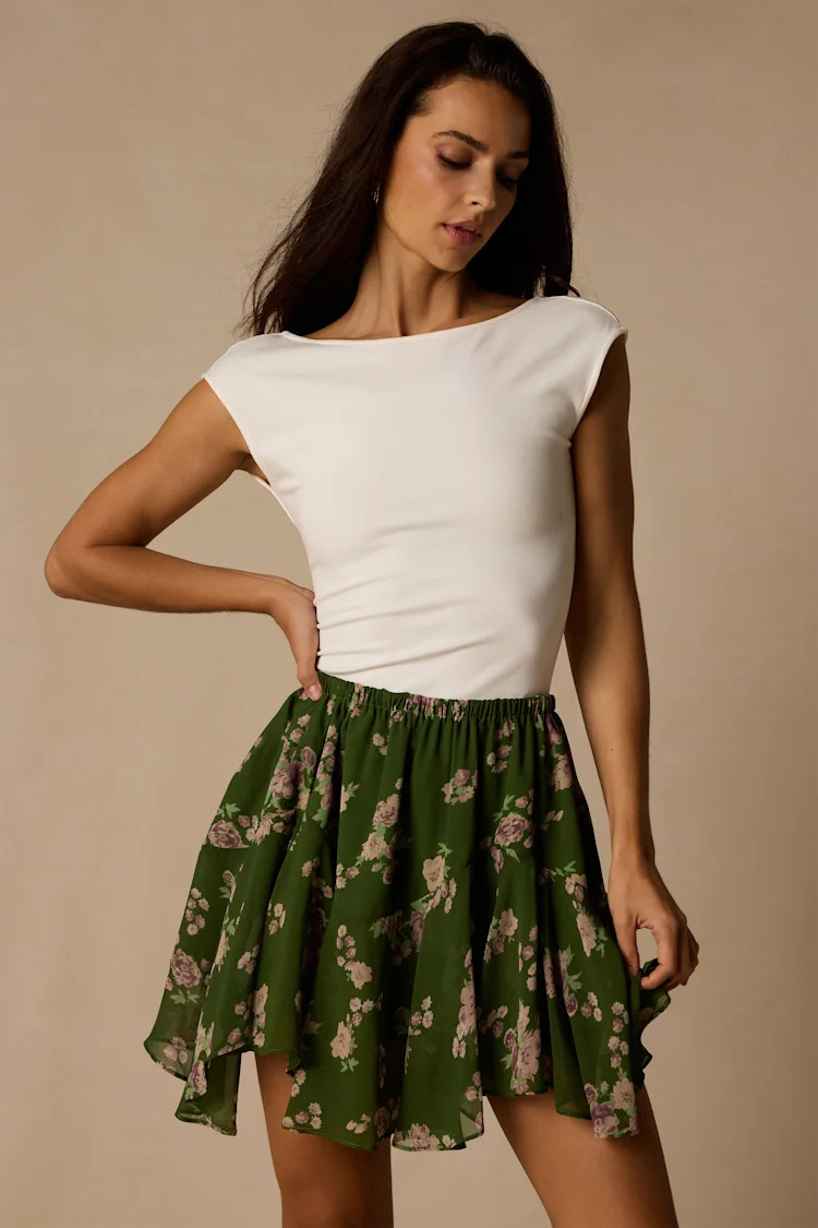 Rylan Dark Green Floral Skater Mini Skirt | Lulus