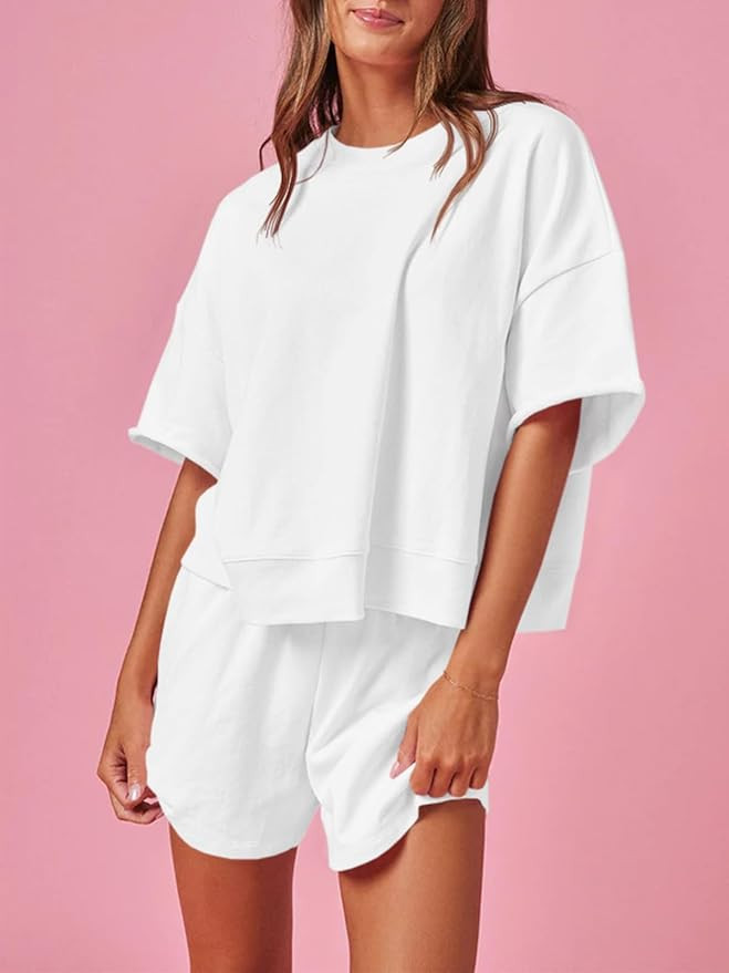 Fisoew Womens 2 Piece Outfits Casual Oversized Cropped Sweatshirt and High Waist Running Shorts T... | Amazon (US)