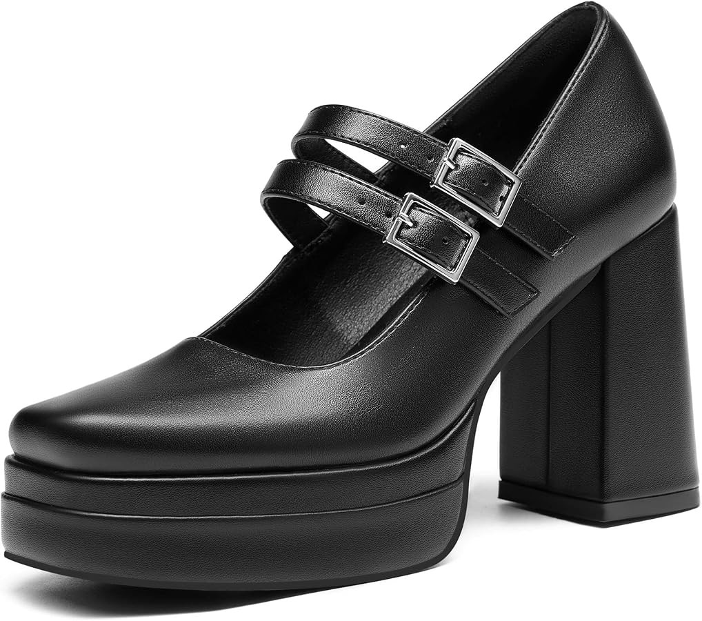 Coutgo Women's Platform Mary Jane Pumps Two Strap Square Toe Chunky Block Heel Sandals Party Shoe... | Amazon (US)