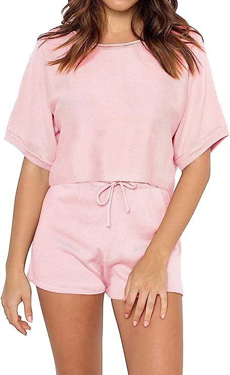 TECREW Women's 2 Piece Outfits Long Sleeve Knit Pullover Sweater Crop Top Shorts Sweatsuit Set | Amazon (US)