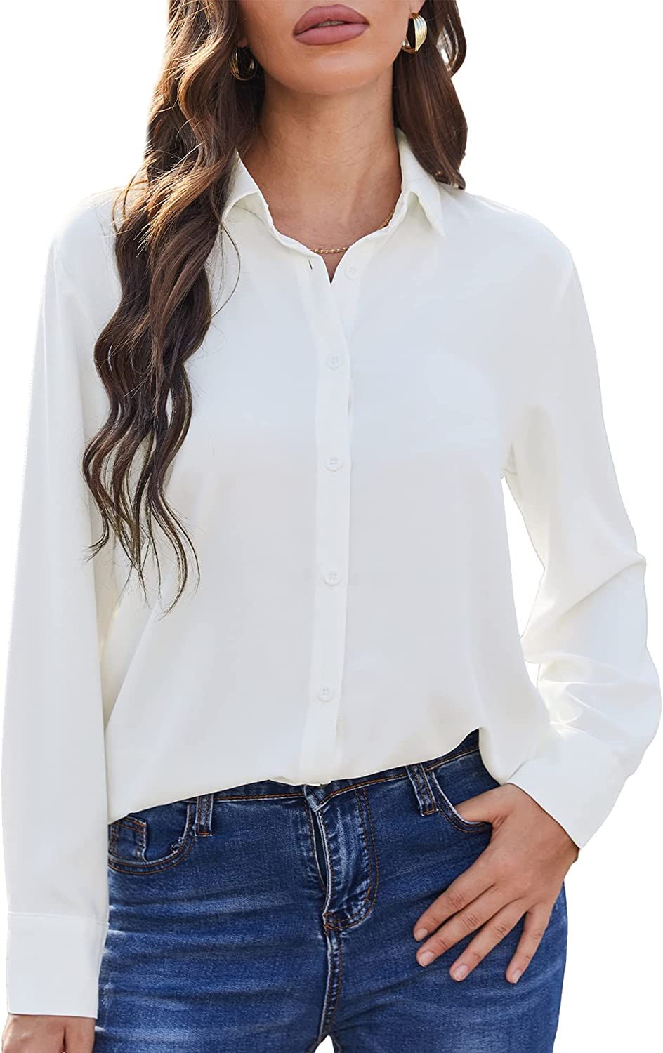 SPRING SEAON Women's Button Down Shirts Causal Collared Blouses Work Office Long Sleeve Chiffon B... | Amazon (US)