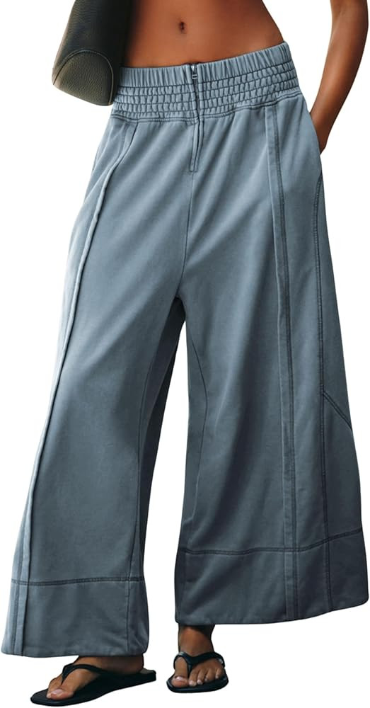 Womens Casual Wide Leg Pants Elastic High Waisted Palazzo Loose Trousers with Pockets | Amazon (US)