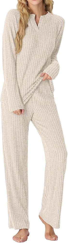 PrinStory Womens Pajama Sets Pajamas Ribbed Long Sleeve Lounge Set Two Piece Pjs Fall Winter | Amazon (CA)