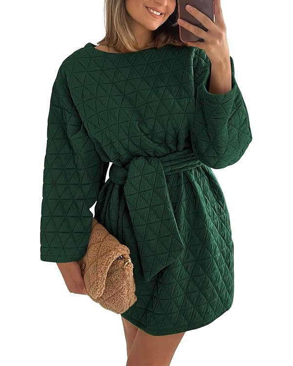 PRETTYGARDEN Women's Long Sleeve Dresses Spring Fall Casual Short Belted Dress Trendy Quilted Out... | Amazon (US)