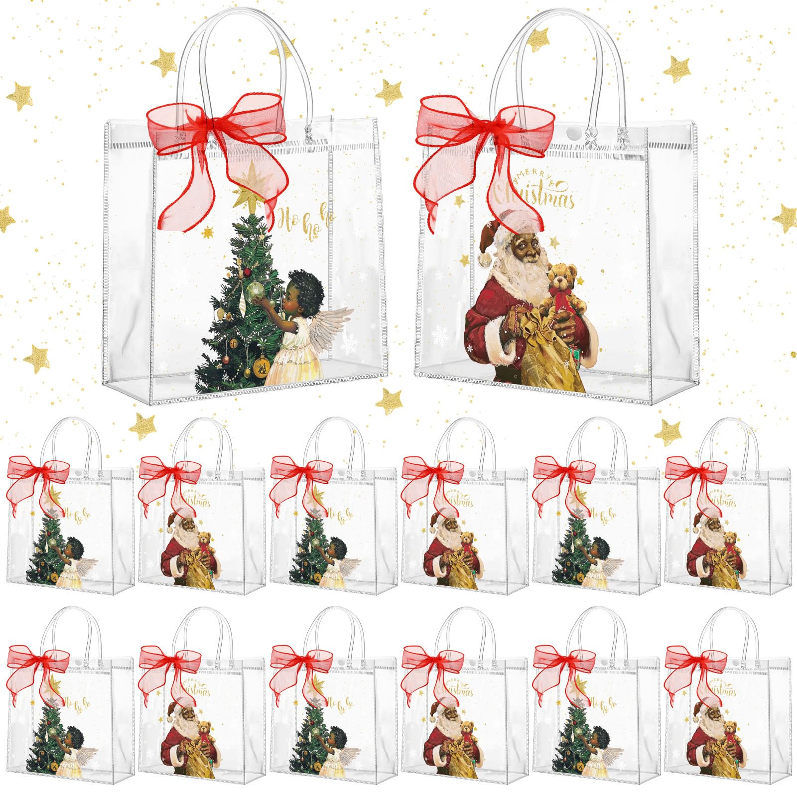 Motipuns 24 Pcs Christmas Clear PVC Gift Bags with Handles and Ribbon African American Black Sant... | Amazon (US)