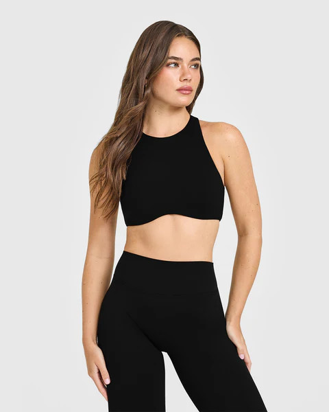 SoftMotion™ High Neck Sports Bra with White Logo 
 Black | Oner Active (UK / US)