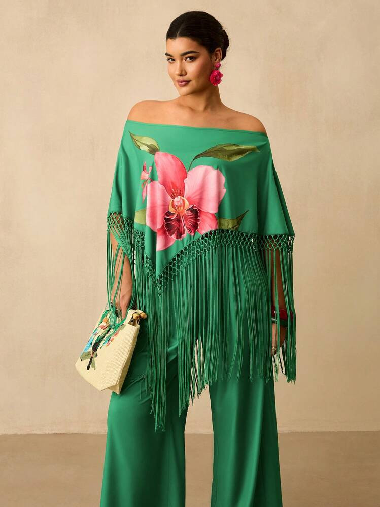 Travachic 2pcs/Set Floral Off Shoulder Top And Pants Plus Size Outfit Tassels Tropical Flowers Two Piece Summer Set Vacation Two Piece Set Beach Outfits For Woman Tropical Vacation Woman Clothes | SHEIN