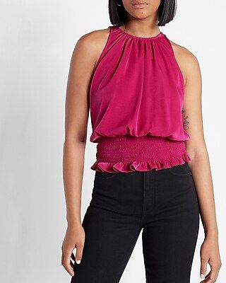 Ruched High Neck Smocked Waist Top | Express