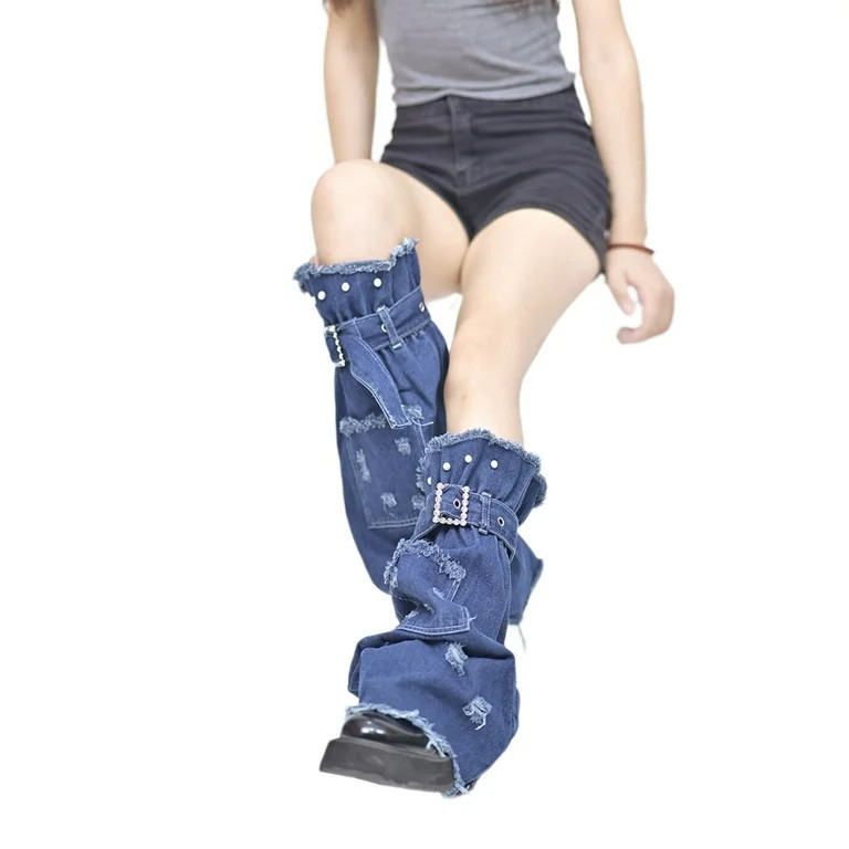TIERPOP Women Distressed Jeans Leg Warmer with Buckled Strap Punk Flared Long Socks Denims Leg Co... | Walmart (US)
