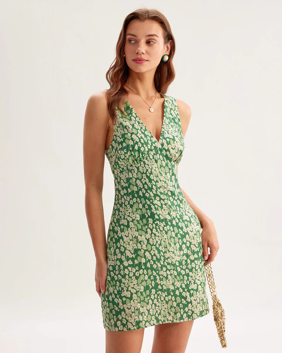 Green Floral Sleeveless Mini Dress | rihoas.com