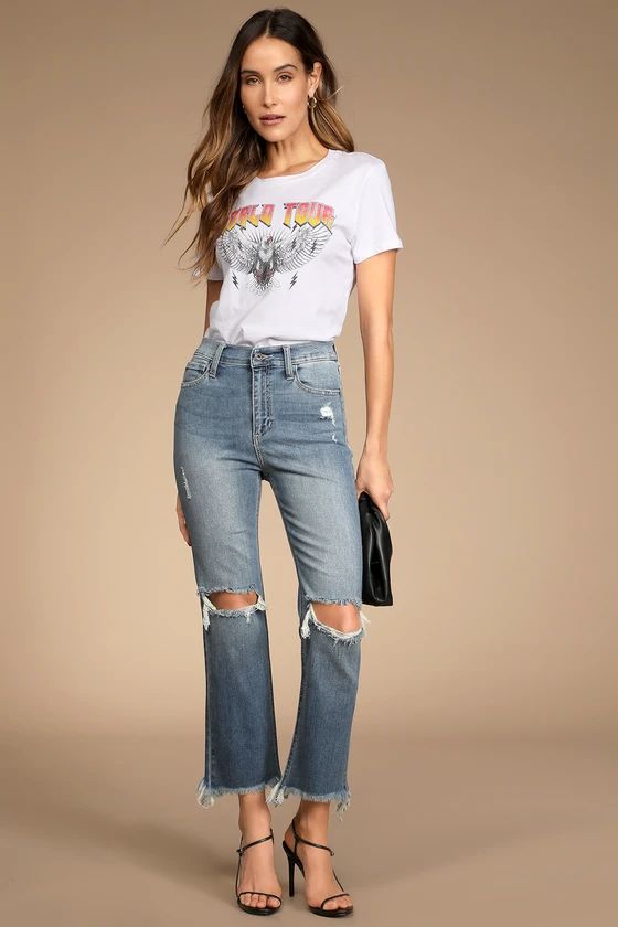 Hit The Pavement Medium Wash High-Waisted Distressed Jeans | Lulus (US)