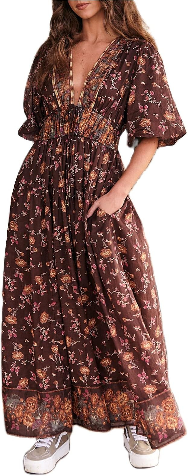 Women Spring Dresses Flowy Smocked Maxi Dress Puff Sleeve Sweetheart Y2K Floral Boho Summer Sundr... | Amazon (US)