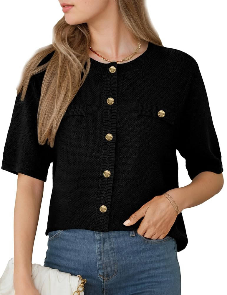 Women's Summer Button Down Shirts Casual Short Sleeve Crew Neck Ribbed Knit Blouse Open Front Wor... | Amazon (US)